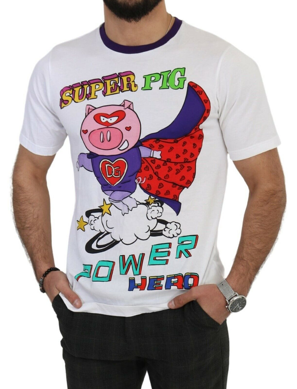 White Cotton Top Super Power Pig T-shirt Dolce & Gabbana