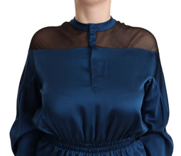 Blue Silk Long Sleeves Elastic Waist Top Blouse Masha Ma