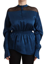 Blue Silk Long Sleeves Elastic Waist Top Blouse Masha Ma