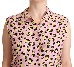 Pink Leopard Print Sleeveless Collared Polo Top Love Moschino