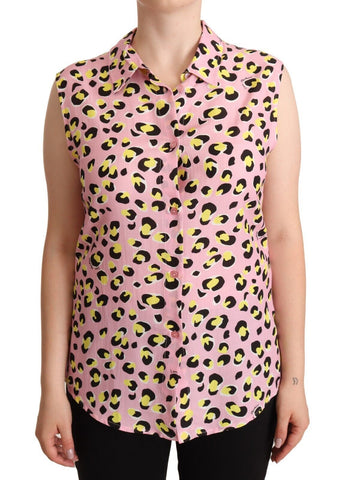 Pink Leopard Print Sleeveless Collared Polo Top Love Moschino