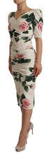White Roses Print Stretch Silk Pleated Dress Dolce & Gabbana