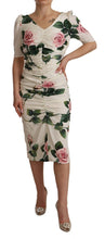 White Roses Print Stretch Silk Pleated Dress Dolce & Gabbana
