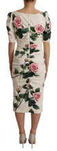 White Roses Print Stretch Silk Pleated Dress Dolce & Gabbana