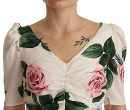 White Roses Print Stretch Silk Pleated Dress Dolce & Gabbana