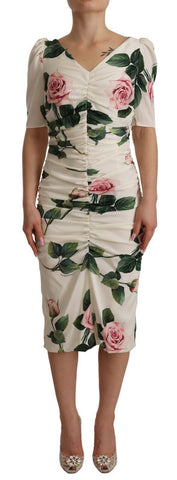 White Roses Print Stretch Silk Pleated Dress Dolce & Gabbana