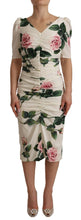 White Roses Print Stretch Silk Pleated Dress Dolce & Gabbana