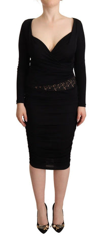 Black Long Sleeves Sweetheart Neck Midi Dress GF Ferre