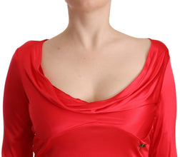 Red Viscose 3/4 Sleeves Deep Round Neck Sheath Dress John Galliano