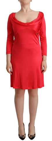 Red Viscose 3/4 Sleeves Deep Round Neck Sheath Dress John Galliano