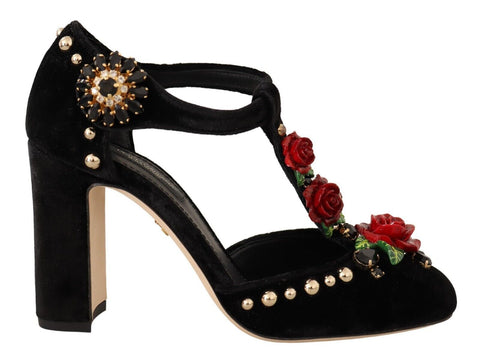 Black Mary Jane Pumps Roses Crystals Shoes Dolce & Gabbana