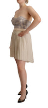Beige Checkered Pleated A-line Strapless Bustier Dress Guess