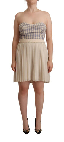 Beige Checkered Pleated A-line Strapless Bustier Dress Guess