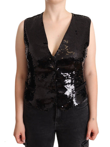 Black Sequin V-Neck Sleeveless Vest Tank Top Dolce & Gabbana
