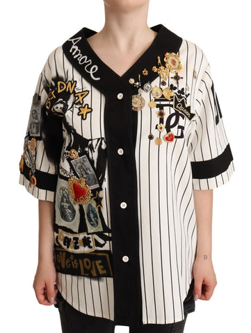 White Cotton Crystal Charms Amore Shirt Dolce & Gabbana