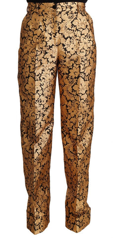 Gold Floral Jacquard Straight Polyester Pants Dolce & Gabbana