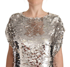 Silver Sequined Polyester Short Sleeves Shift Mini Dress MSGM