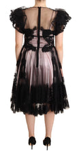 Black Pink Floral Lace A-line Midi Sheer Dress Dolce & Gabbana