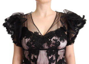 Black Pink Floral Lace A-line Midi Sheer Dress Dolce & Gabbana