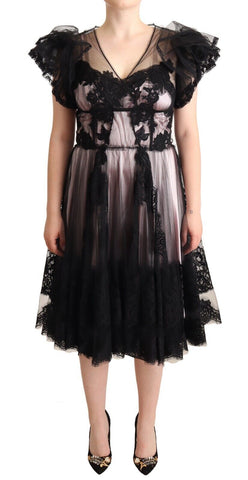 Black Pink Floral Lace A-line Midi Sheer Dress Dolce & Gabbana