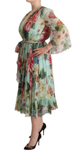 Green Floral Long Sleeves V-neck Midi Dress Dolce & Gabbana