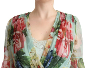 Green Floral Long Sleeves V-neck Midi Dress Dolce & Gabbana