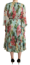 Green Floral Long Sleeves V-neck Midi Dress Dolce & Gabbana
