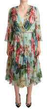 Green Floral Long Sleeves V-neck Midi Dress Dolce & Gabbana