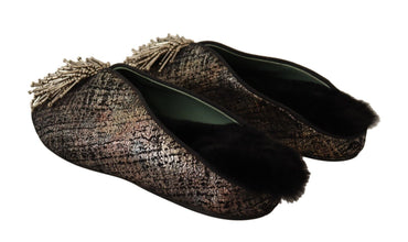 Gold Jacquard Leather Embellished Slip On Shoes Paola D'Arcano