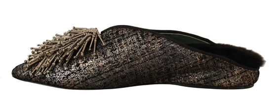 Gold Jacquard Leather Embellished Slip On Shoes Paola D'Arcano