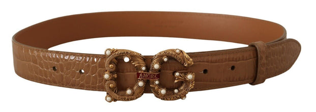 Brown Crocodile Pattern Leather Logo Amore  Belt Dolce & Gabbana