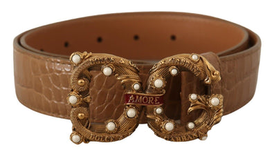 Brown Crocodile Pattern Leather Logo Amore  Belt Dolce & Gabbana