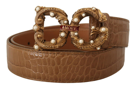 Brown Crocodile Pattern Leather Logo Amore  Belt Dolce & Gabbana