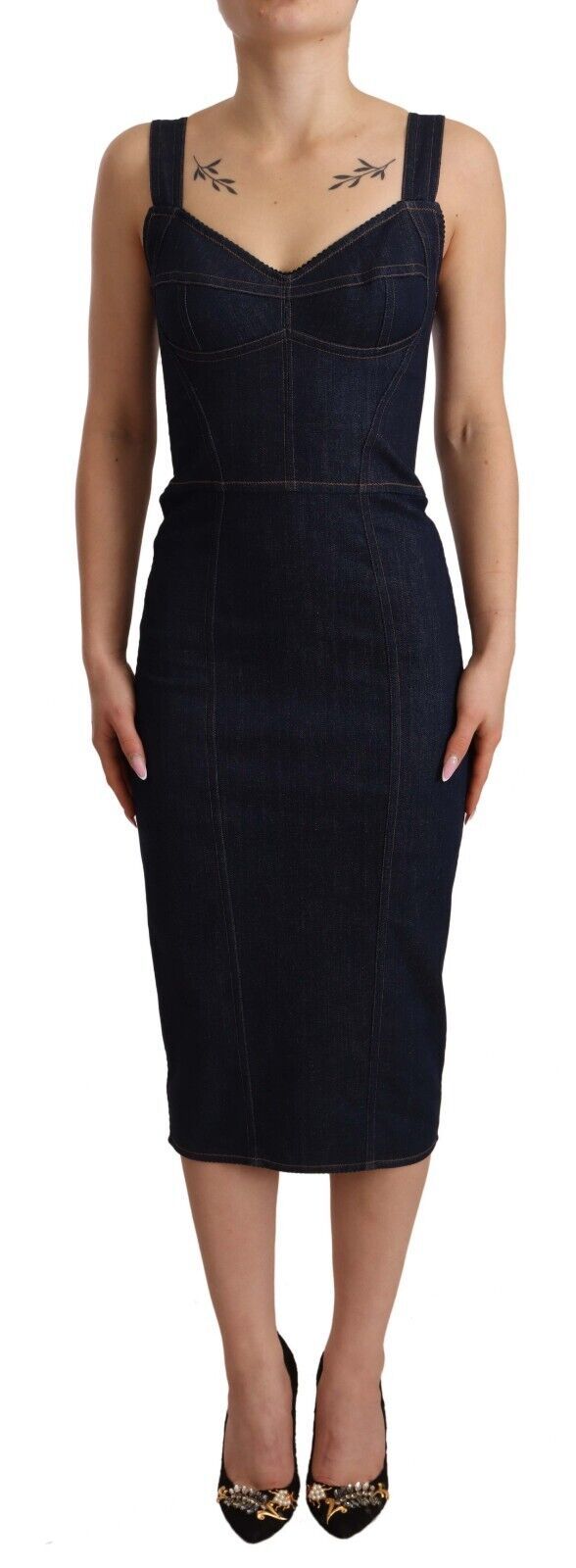 Dark Blue Cotton Denim Sheath Midi Dress Dolce & Gabbana