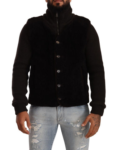 Black Leather Mens Turtle Neck Coat Jacket Dolce & Gabbana