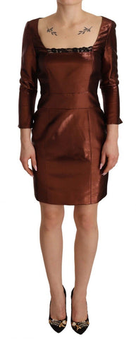 Metallic Brown Long Sleeves Square Neck Sheath Dress GF Ferre