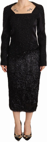 Black Studs Embellished Long Sleeves Sheath Midi Dress Masha Ma