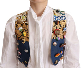 Multicolor Embellished Waist Coat Cotton Top Dolce & Gabbana