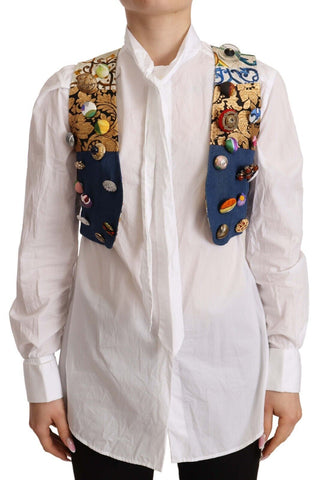 Multicolor Embellished Waist Coat Cotton Top Dolce & Gabbana