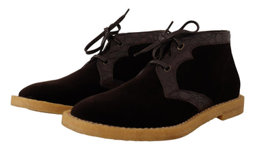 Brown Velvet Exotic Leather Boots Dolce & Gabbana