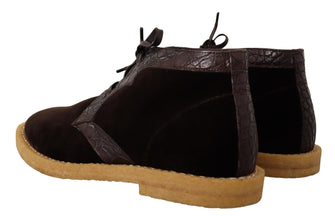 Brown Velvet Exotic Leather Boots Dolce & Gabbana