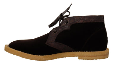 Brown Velvet Exotic Leather Boots Dolce & Gabbana