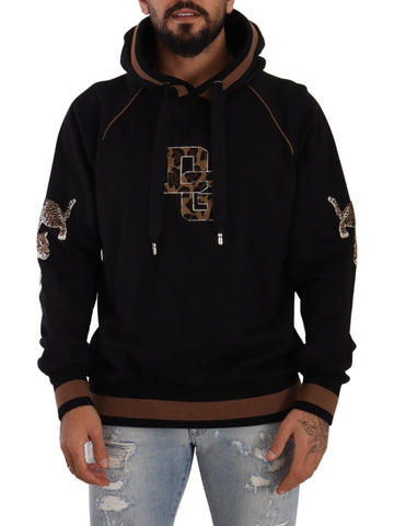 Black Brown Leopard Cotton Hooded Pullover Sweater Dolce & Gabbana