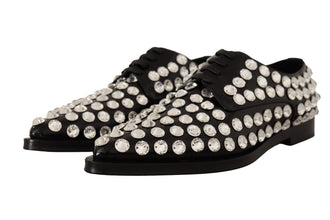 Black Leather Crystals Lace Up Formal Shoes Dolce & Gabbana