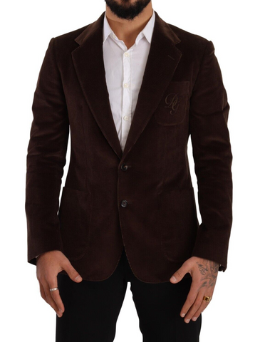 Brown Corduroy Slim Fit Coat DG Logo Blazer Dolce & Gabbana