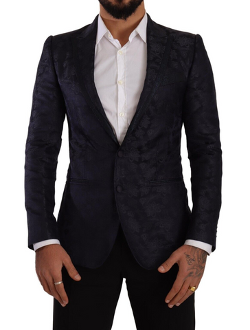 Blue Floral Jacquard Silk Coat MARTINI Blazer Dolce & Gabbana