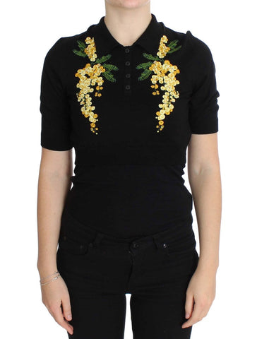 Black Silk Floral Embroidered Polo Top Dolce & Gabbana