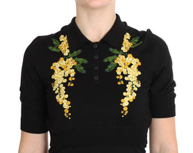 Black Silk Floral Embroidered Polo Top Dolce & Gabbana