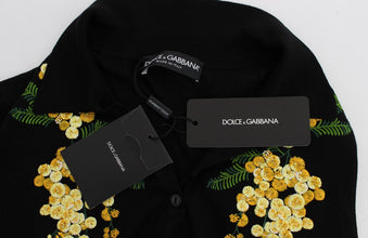 Black Silk Floral Embroidered Polo Top Dolce & Gabbana