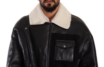 Black Leather Shearling Biker Coat Jacket Dolce & Gabbana